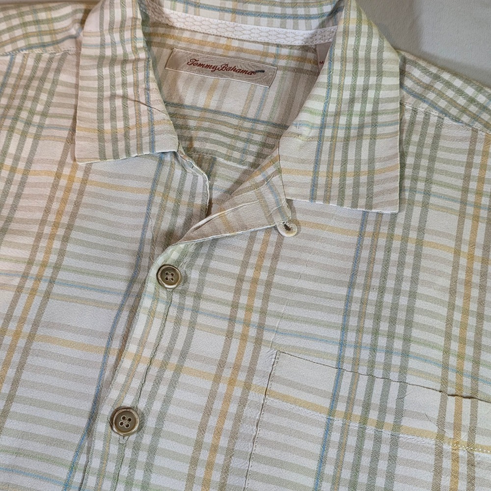 Tommy Bahama Mens L Silk Camp Shirt Plaid Cream Green‎ Button Down Short Sleeve